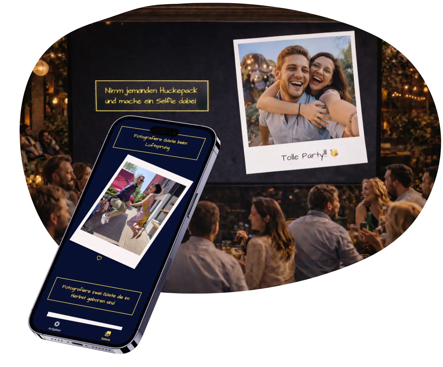 Gäste-Fotos auf Handy und auf einer Leinwand