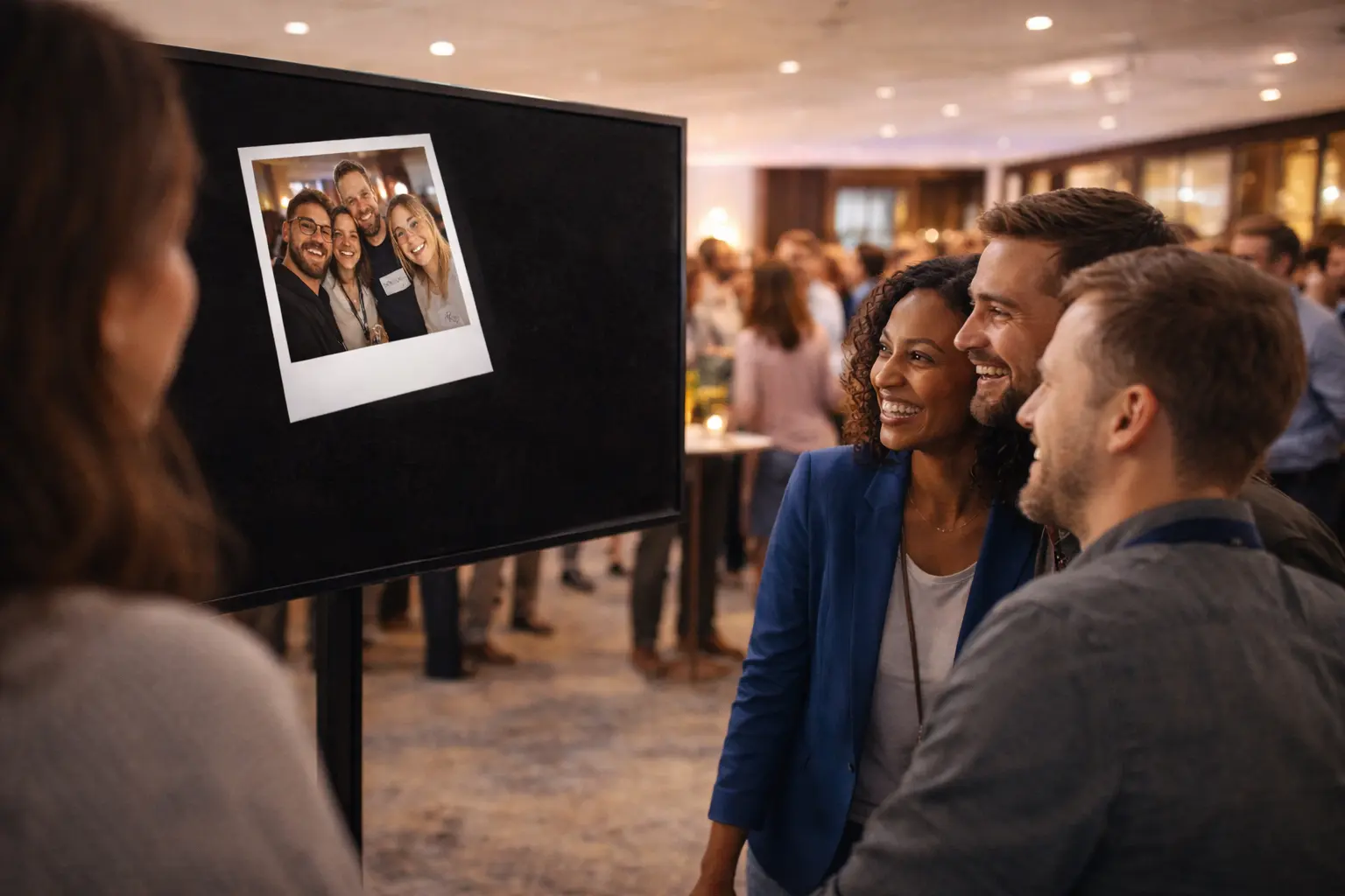 Kollegen schauen gemeinsam auf eine Slideshow bei einer Firmenfeier