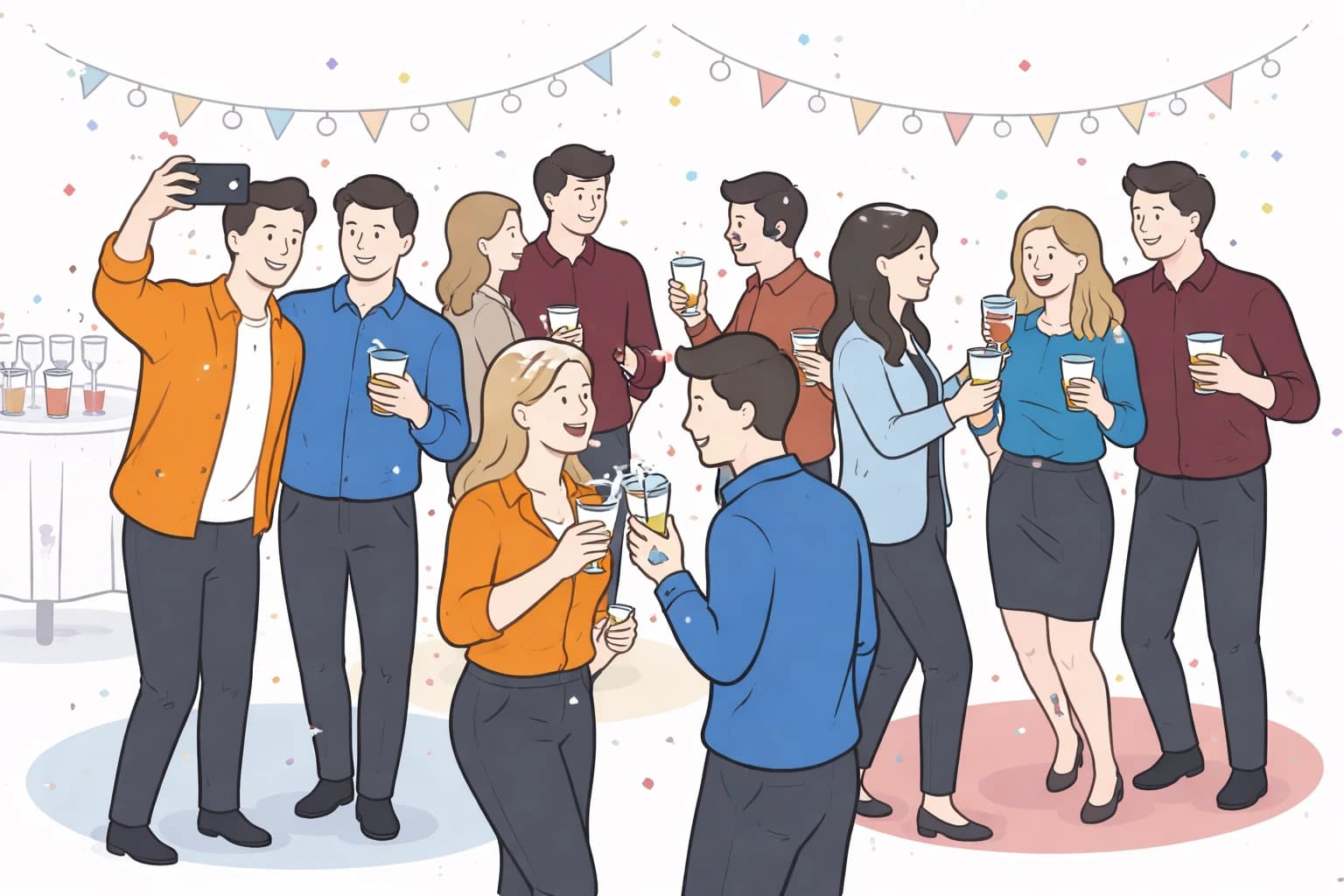 Gäste auf einer Firmenfeier kommen miteinander ins Gespräch