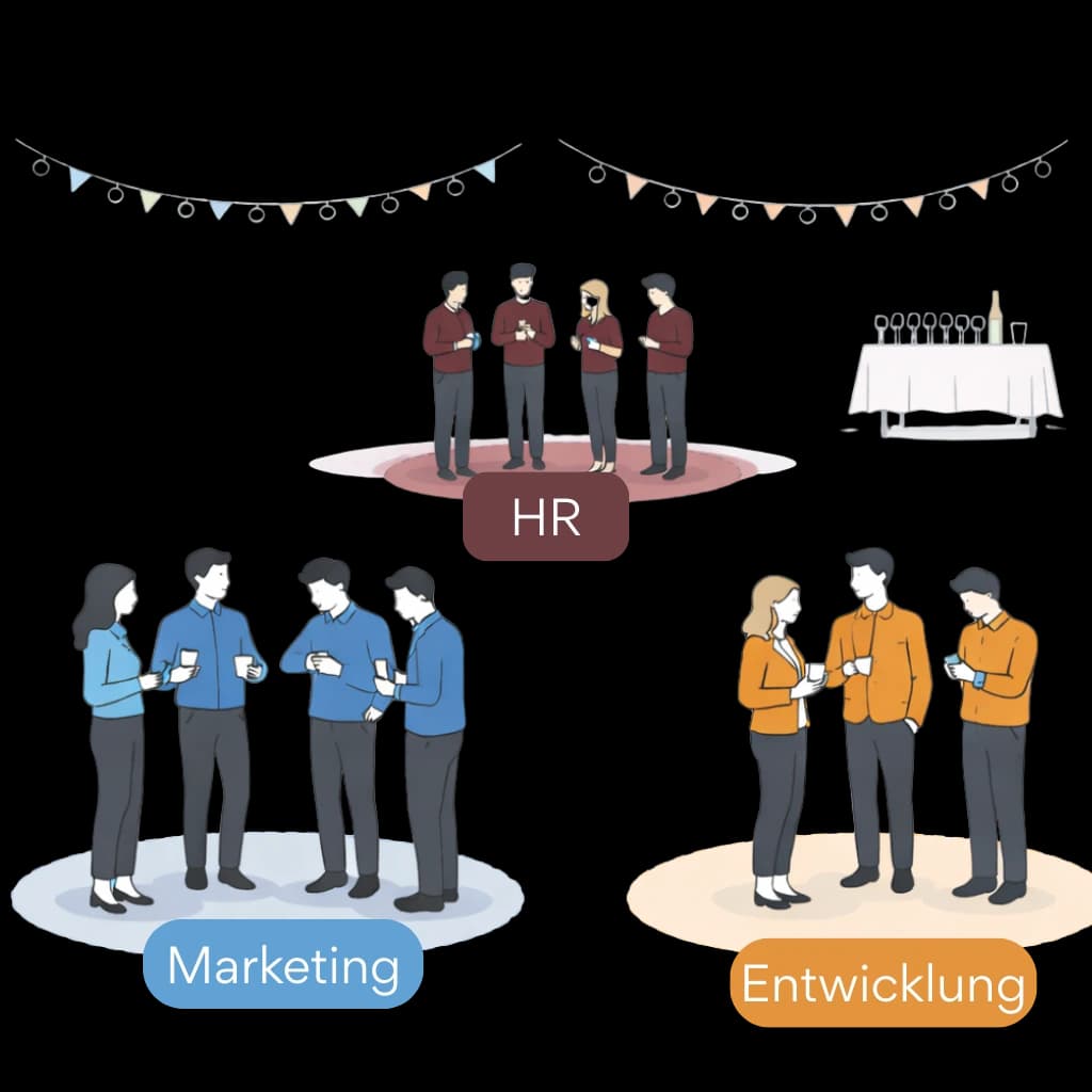 Gäste auf einer Firmenfeier stehen in kleinen Gruppen zusammen