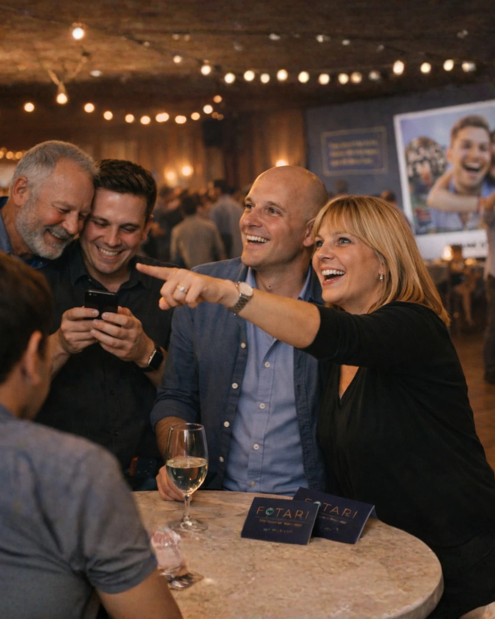 Lebendige Feier mit Gästen, die Aufgaben scannen und Fotos machen