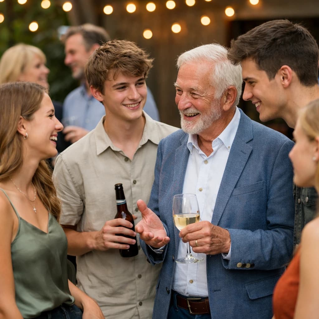 Gemischte Gästegruppe im Gespräch auf einer Feier
