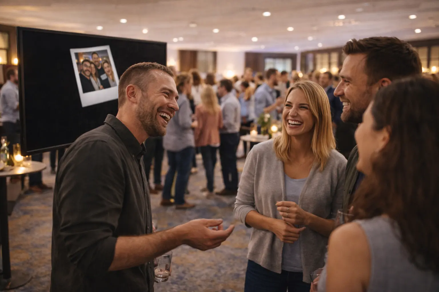 Kollegen haben Spaß bei einer Firmenfeier während die Fotos auf einer Slideshow laufen