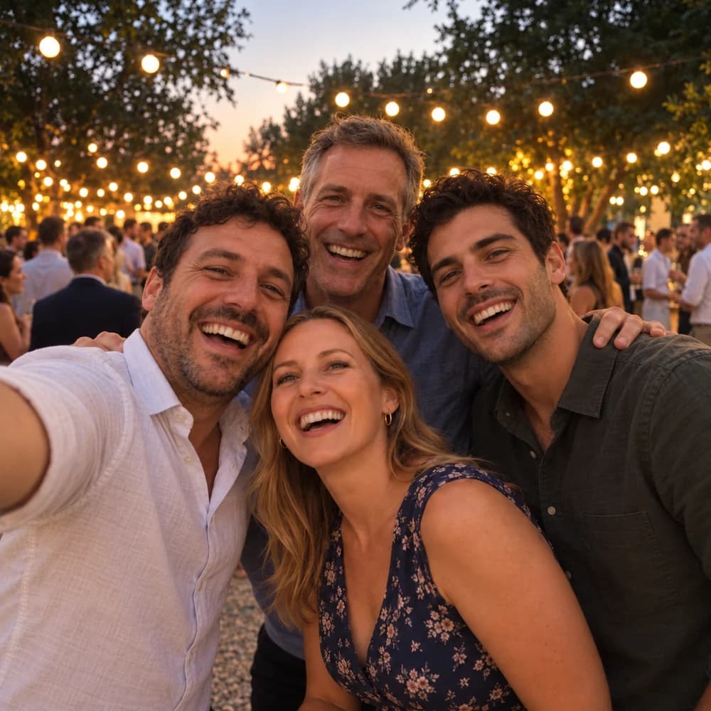 Vier Gäste machen bei einer Feier unter Lichterketten ein Selfie