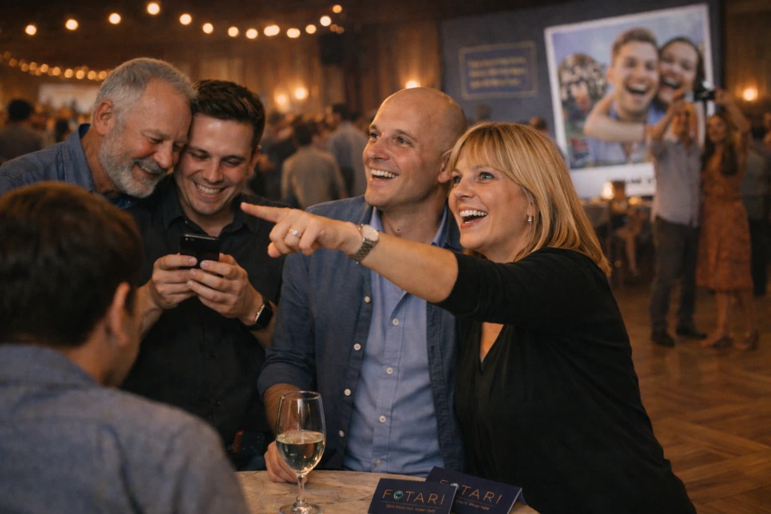 Lebendige Feier mit Gästen, die Aufgaben scannen und Fotos machen
