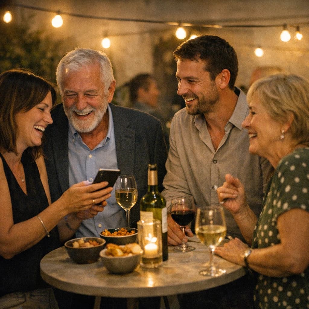 Gemischte Gästegruppe lacht und interagiert auf einer Feier
