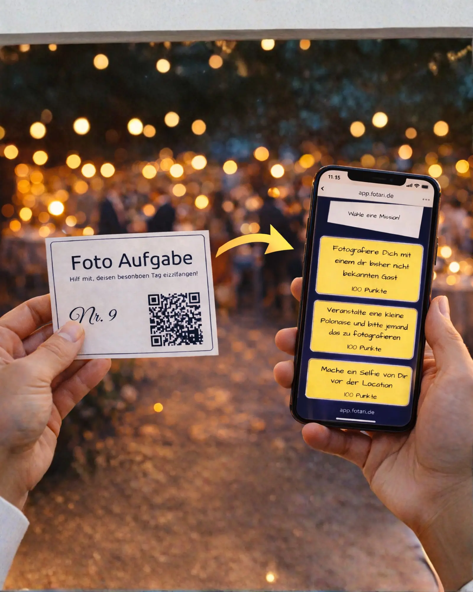 Gast scannt QR-Code und sieht Foto-Aufgabe auf dem Smartphone