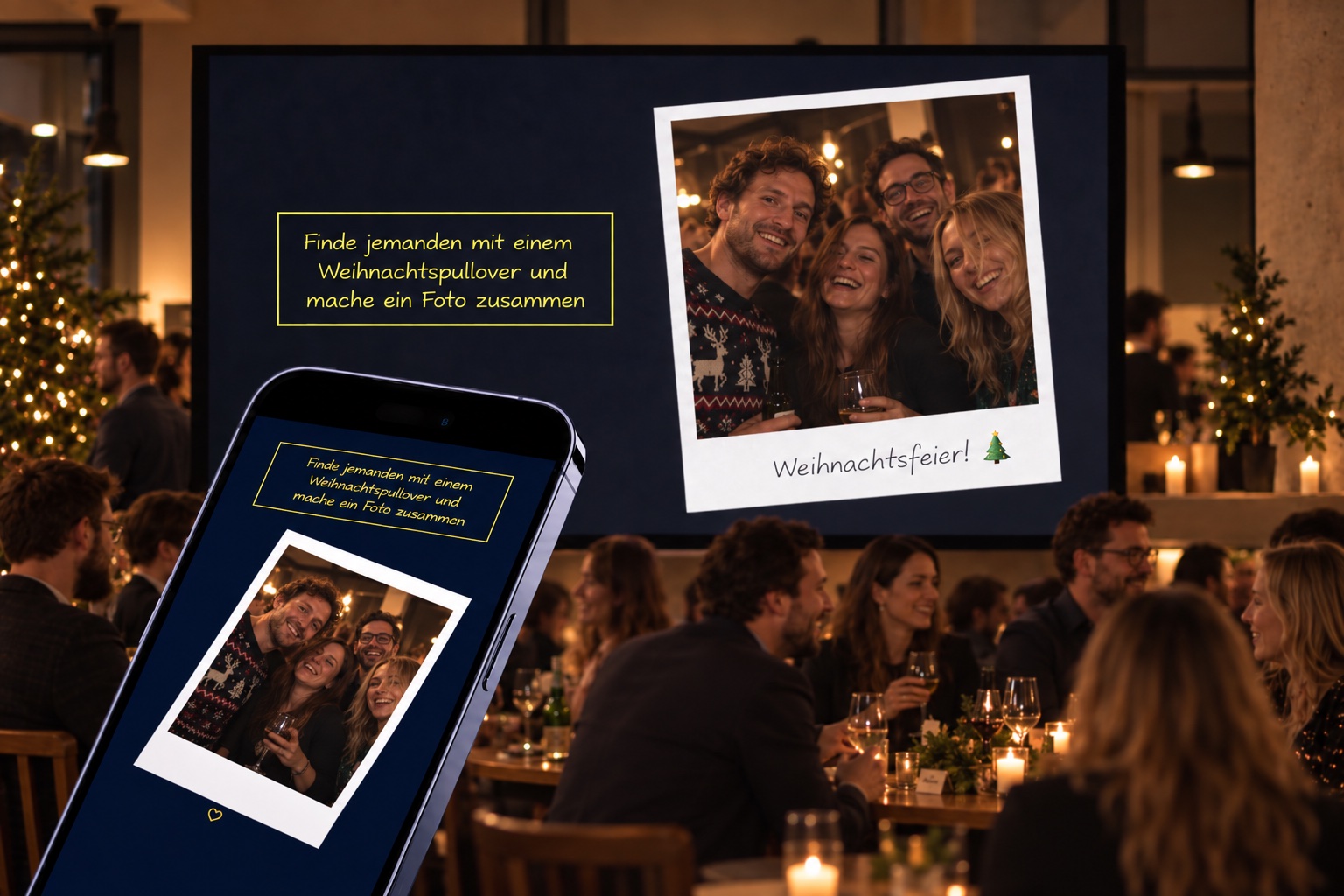 Fotari-Fotoaufgabe und gemeinsames Eventfoto auf Smartphone und Live-Slideshow einer Weihnachtsfeier