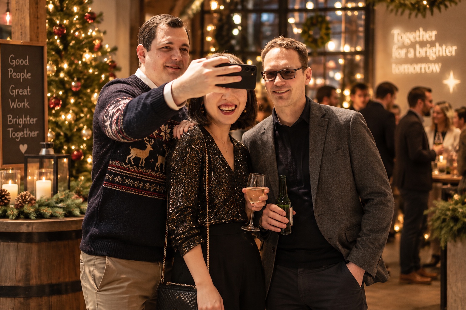 Drei Kolleginnen und Kollegen machen gemeinsam ein Selfie auf einer Weihnachtsfeier