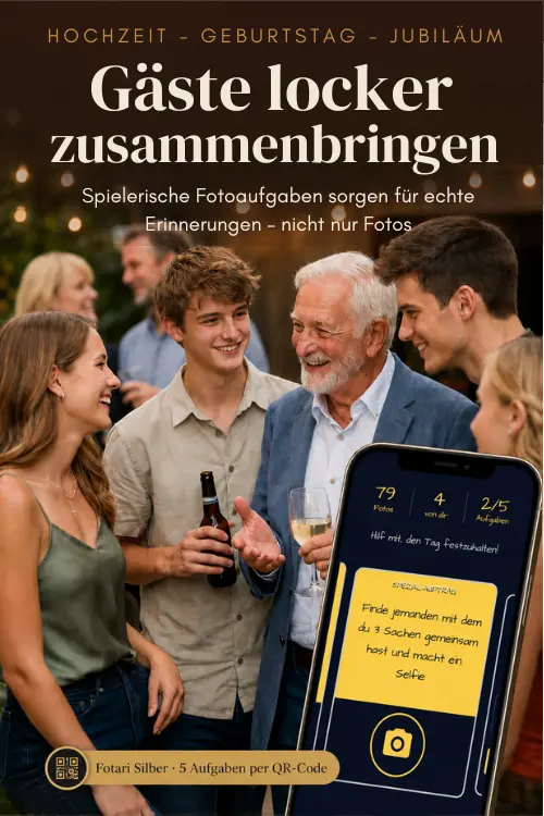 Fotari Silber Foto-Challenge mit QR-Code, Aufgaben und digitaler Galerie für Geburtstag, Hochzeit und private Feiern