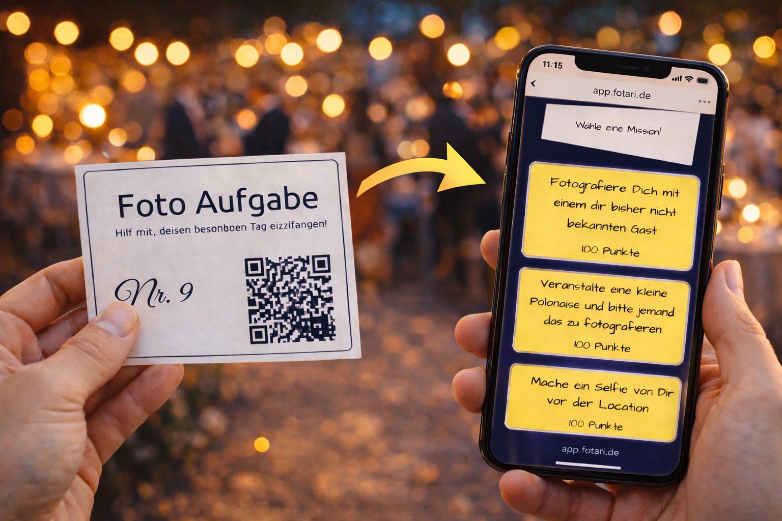 Eine Fotari-Aufgabenkarte wird gehalten – daneben ein Smartphone mit Foto-Aufgaben.